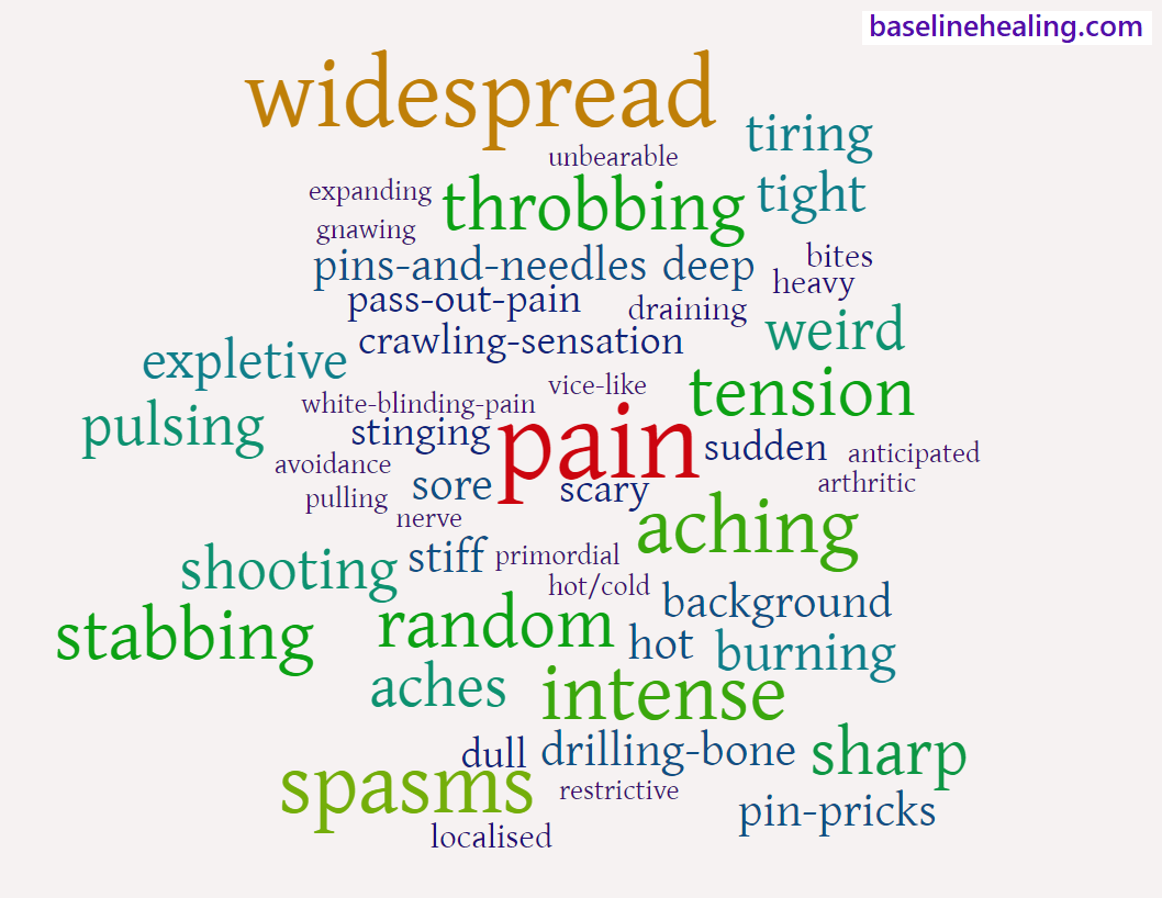 word cloud of different types of pain and sensations:
spasm.
stabbing.
bites.
stings.
crawling sensation.
aches.
heavy.
throbbing.
pulsing.
expanding.
drilling bone.
expletive.
pass-out pain.
white-blinding pain.
ache.
dull.
avoidance.
pulling.
sharp.
sore.
stabbing.
intense.
sudden.
sharp.
deep.
localised.
pulling.
tension.
wide-spread.
draining.
burning.
anticipation.
stiff.
vice-like.
tight bands.
unable to move.
scary.
primordial.
expletive pains.   
shooting pain.
pins and needles
pin-prick.
hot.
pass-out pain.
hot/cold.
unbearable.
itchy.
tiring